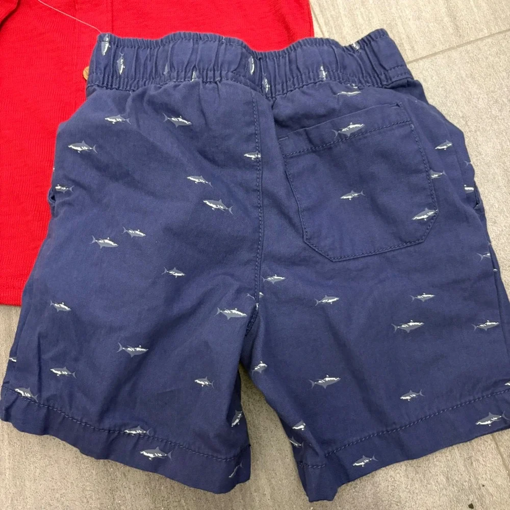 OshKosh B'gosh Toddler Boys‎ 2T Red Polo Shirt and Navy Shark Print Shorts Set